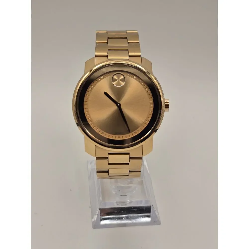Movado Bold Gold Watch 42.5mm Stainless Steel Link Bracelet Box Papers Classic